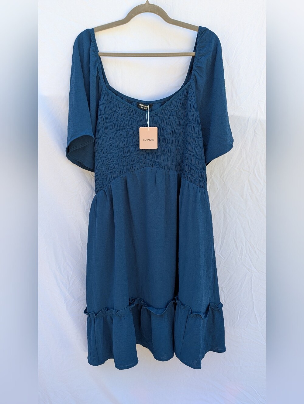 BloomChic Shirred Bodice Ruffle Hem Flowy Mini Dress